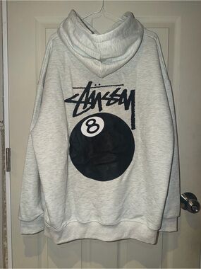 Stussy Light Gray Hoodie with Black 8-Ball Graphic